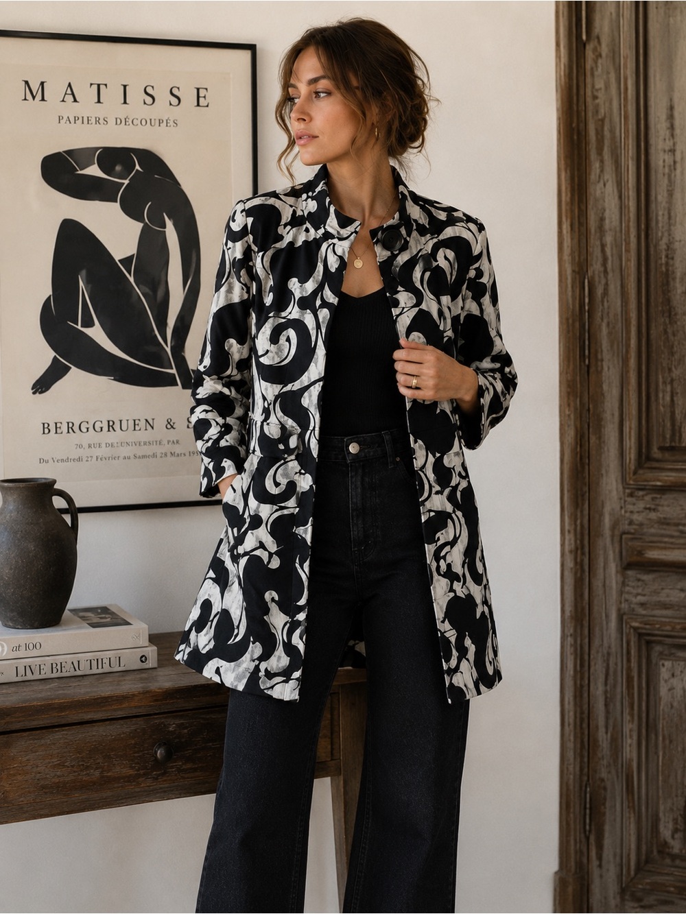 Classiques Entier Black & Light Gray Abstract Print Statement Coat | Fully Lined